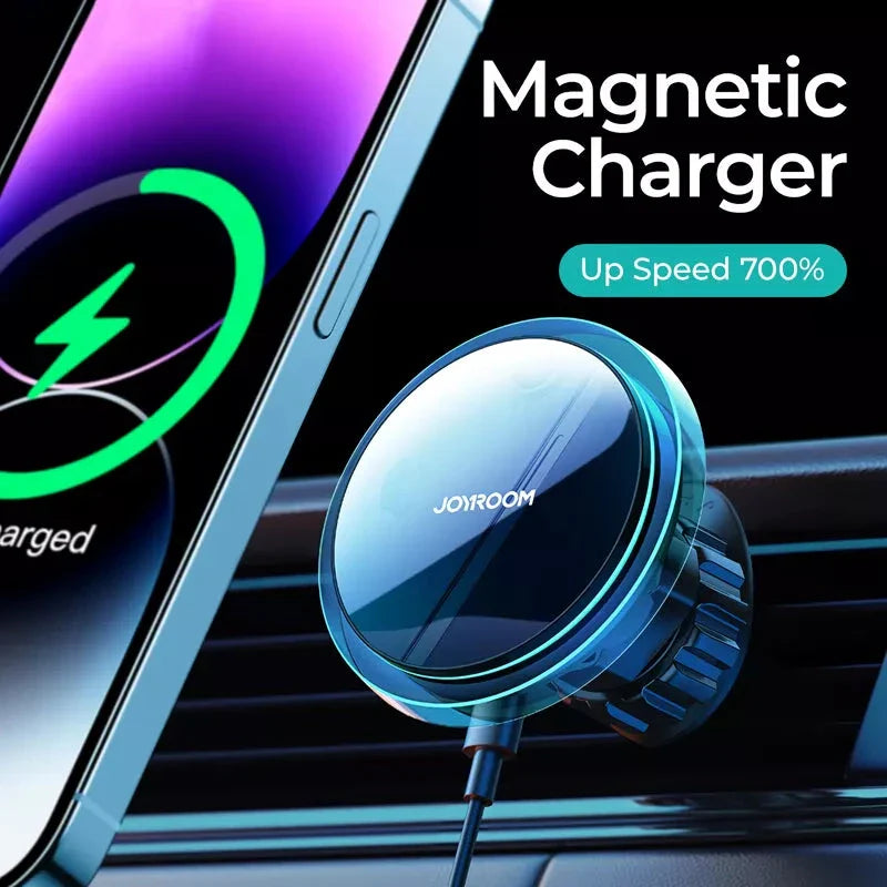 Magnetic wireless car charger in black with CD pattern mirror surface and blue LED lighting