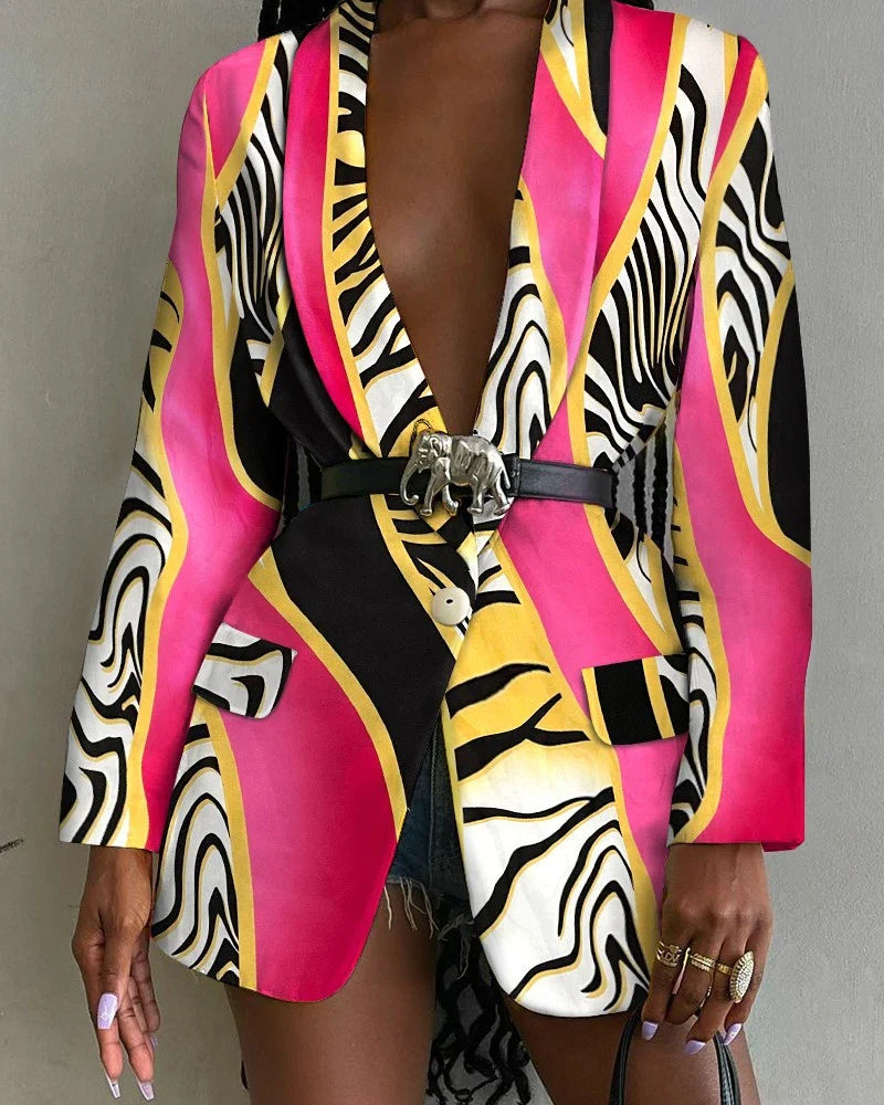 Women's Stylish Printed Shawl-Collar Single-Breasted Blazer with Belt in various colours