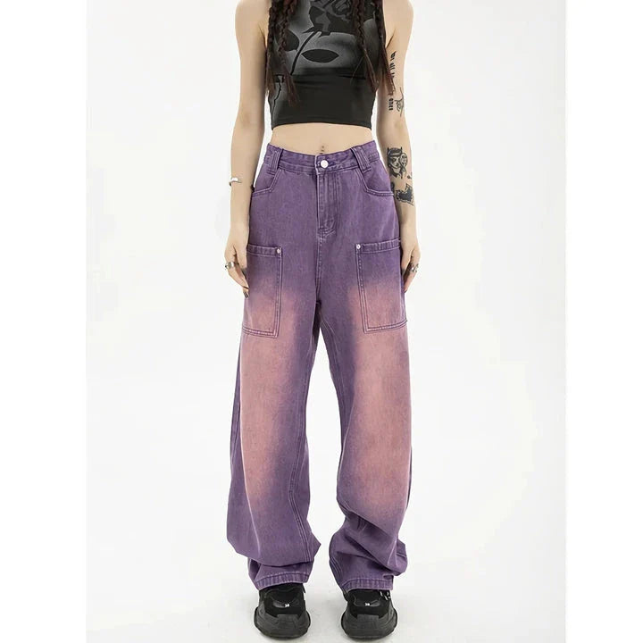 Stylish high-waist purple wide-leg jeans with elegant button details and a premium denim design