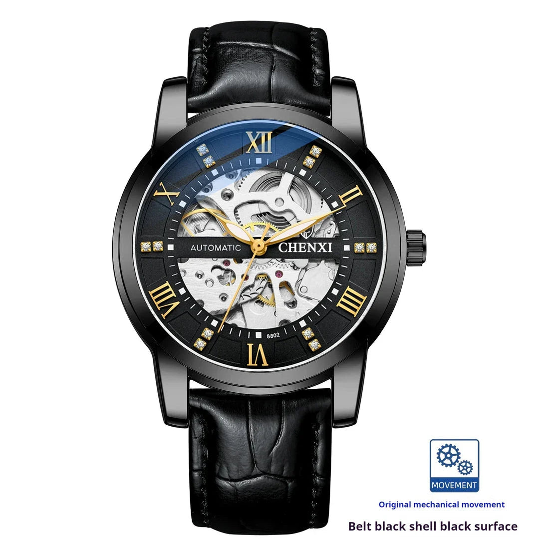 Premium automatic mechanical watch with a waterproof leather strap, featuring a sophisticated and versatile design.