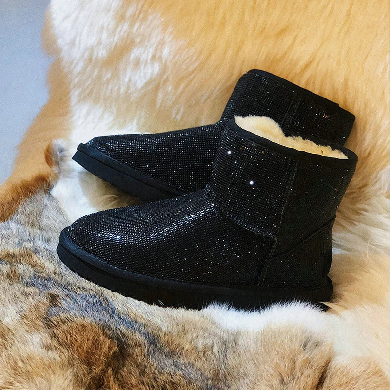Premium rhinestone-embellished ankle boots for women, featuring a shimmering upper and durable rubber sole for winter wear