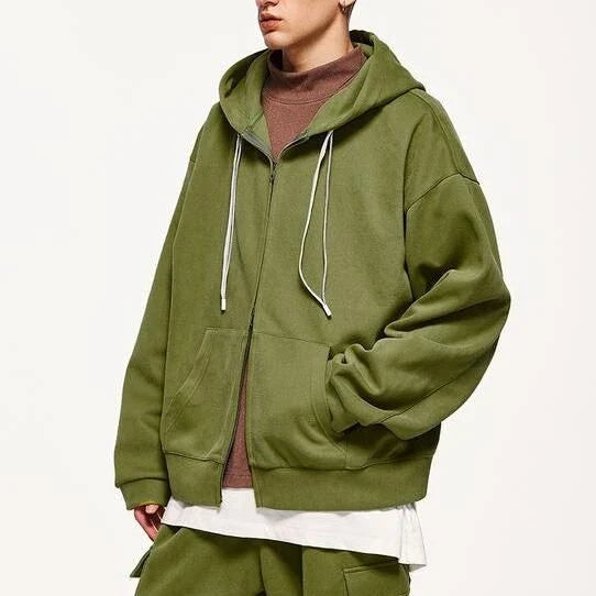A premium British cotton and polyester hoodie jacket with a zip-up design, featuring a relaxed, oversized fit for everyday comfort and style.