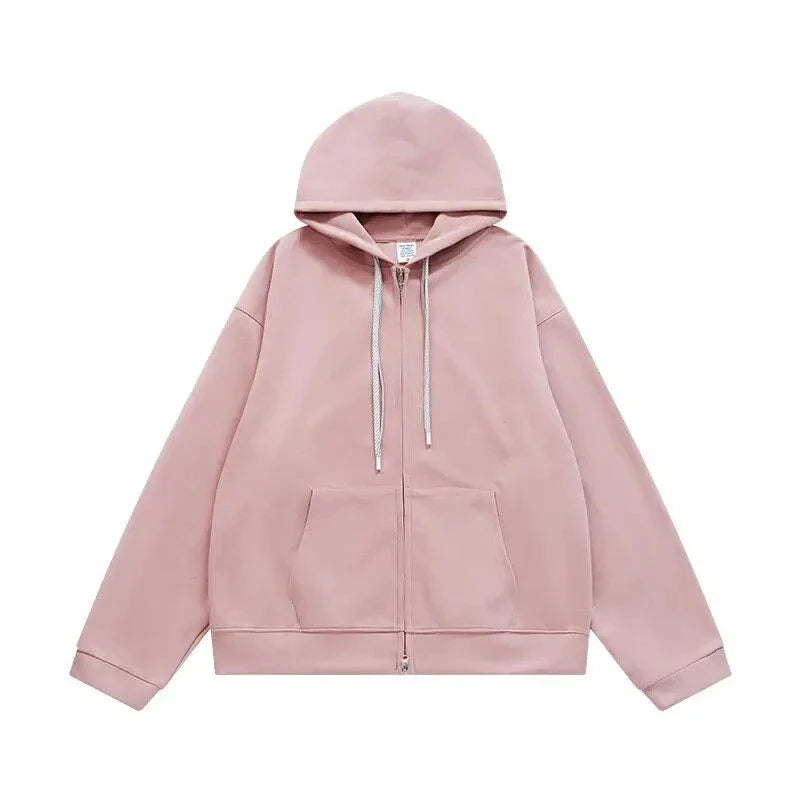 A premium British cotton and polyester hoodie jacket with a zip-up design, featuring a relaxed, oversized fit for everyday comfort and style.