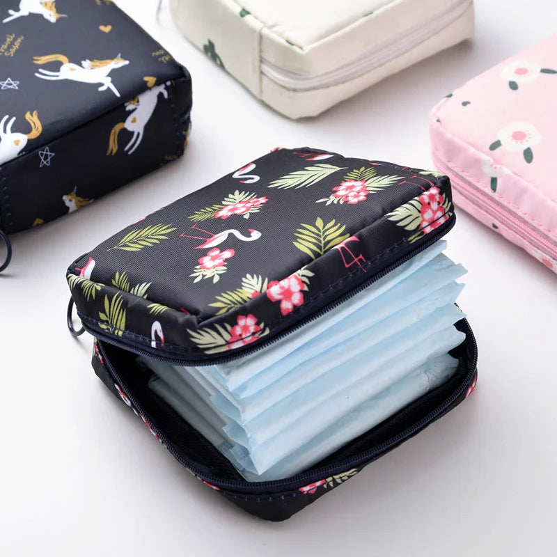 Portable Sanitary Napkin and Cosmetic Storage Bag in Tibetan Unicorn design, with a compact, folding design and contemporary pattern