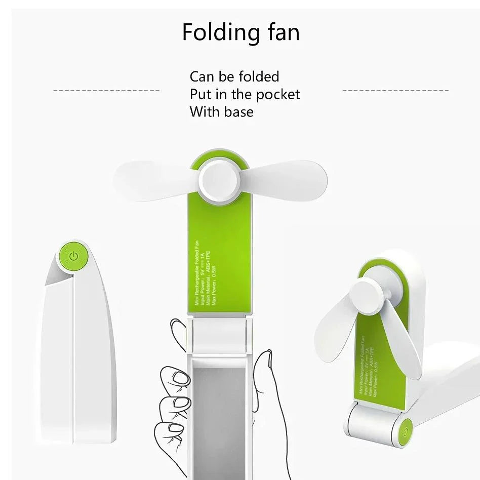 Compact rechargeable handheld fan in pink and green colours, providing powerful cooling on the move