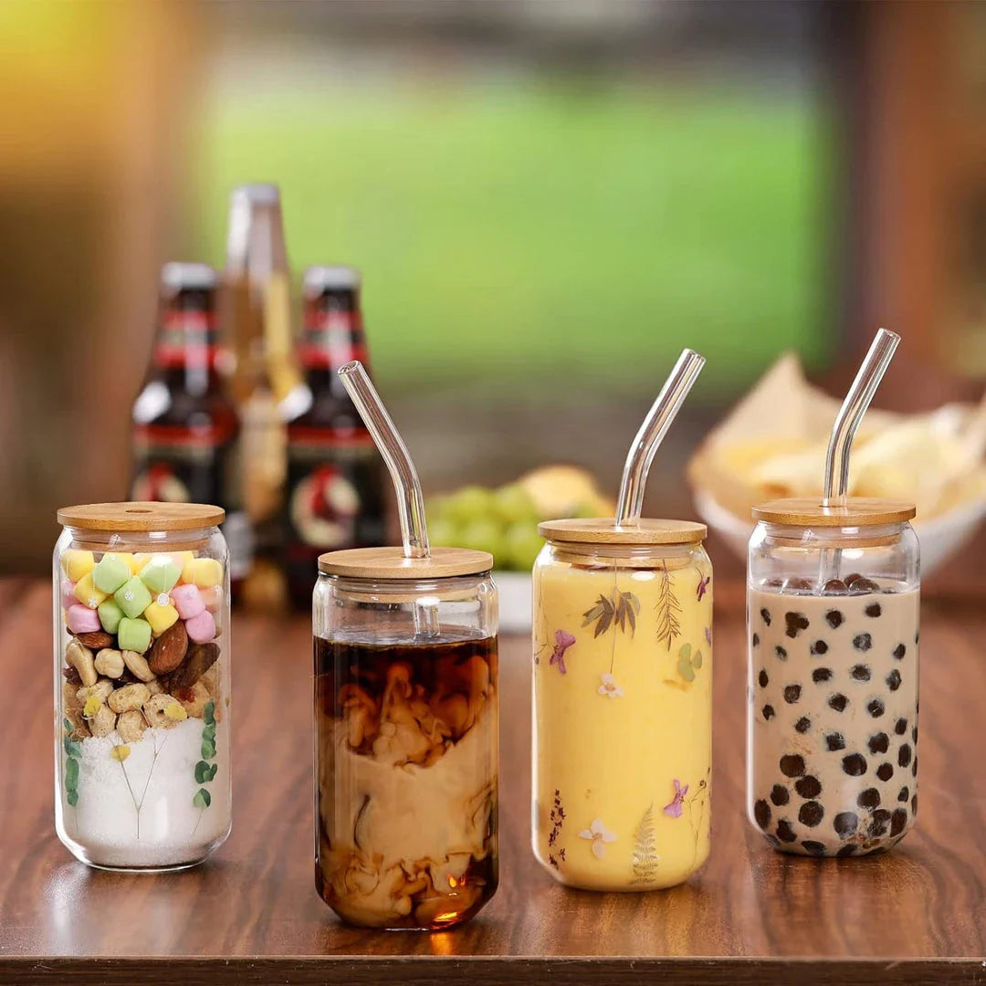 Premium 18.6 oz glass cup with lid and reusable straw for enjoying a variety of cold beverages