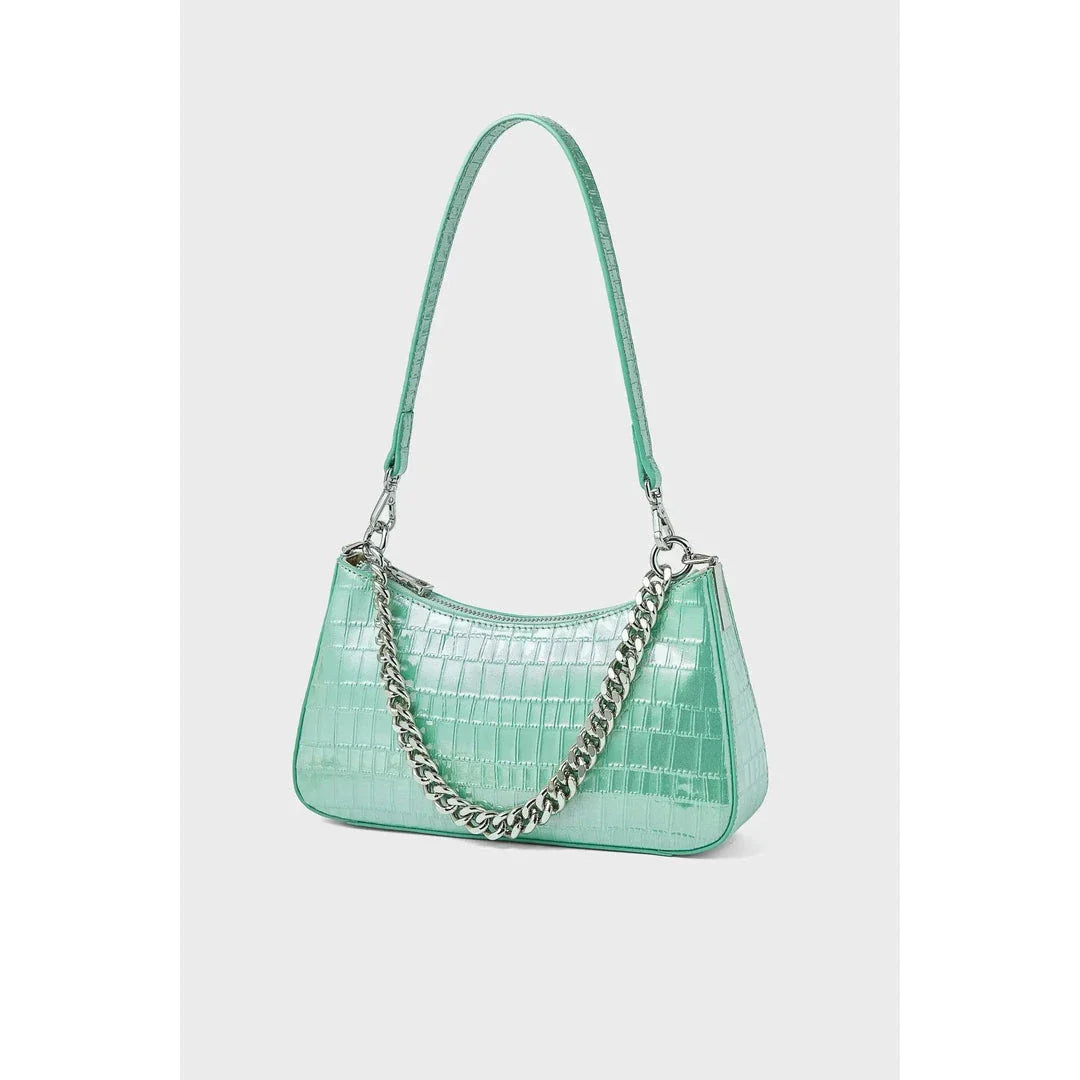 Luxurious alligator-embossed leather shoulder bag with chain accent and stylish lock embellishment