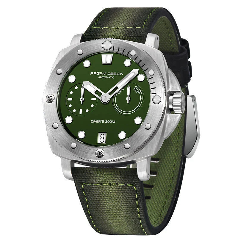 Sophisticated waterproof automatic mechanical watch with stainless steel case and textile strap, available in black, grey, green, and blue colour options