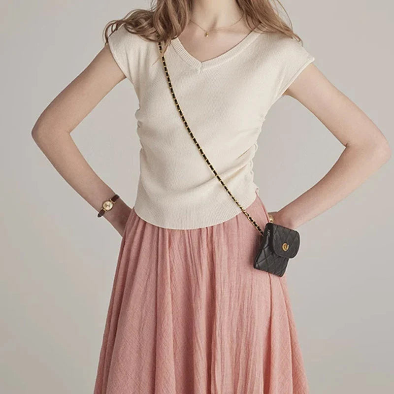 Refined Solid Colour Modest V-Neck Short Sleeve Slenderising Women's Top in Beige, Navy, and Black