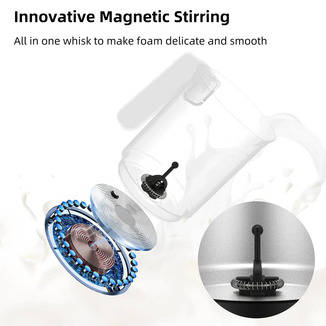 A stainless steel and black 5-in-1 automatic milk frother that can create hot, cold, and frothed milk for delicious coffee, latte, cappuccino, and hot chocolate drinks