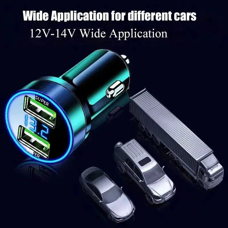 A sleek and durable 240W dual USB car charger with a digital display, perfect for keeping your devices charged on the road.
