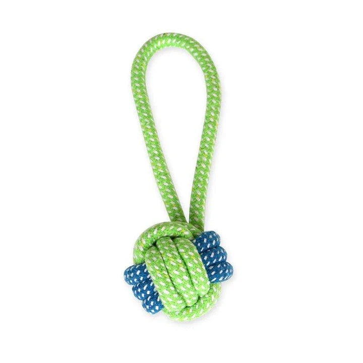 Robust cotton bone-shaped braided toy for dogs, designed to withstand chewing and promote dental health