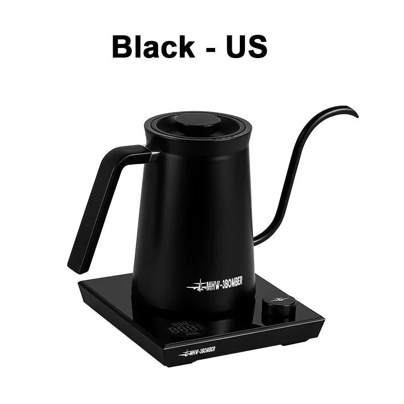 A stainless steel electric gooseneck kettle with precise temperature control and an elegant design, perfect for hand-brewing coffee at home.