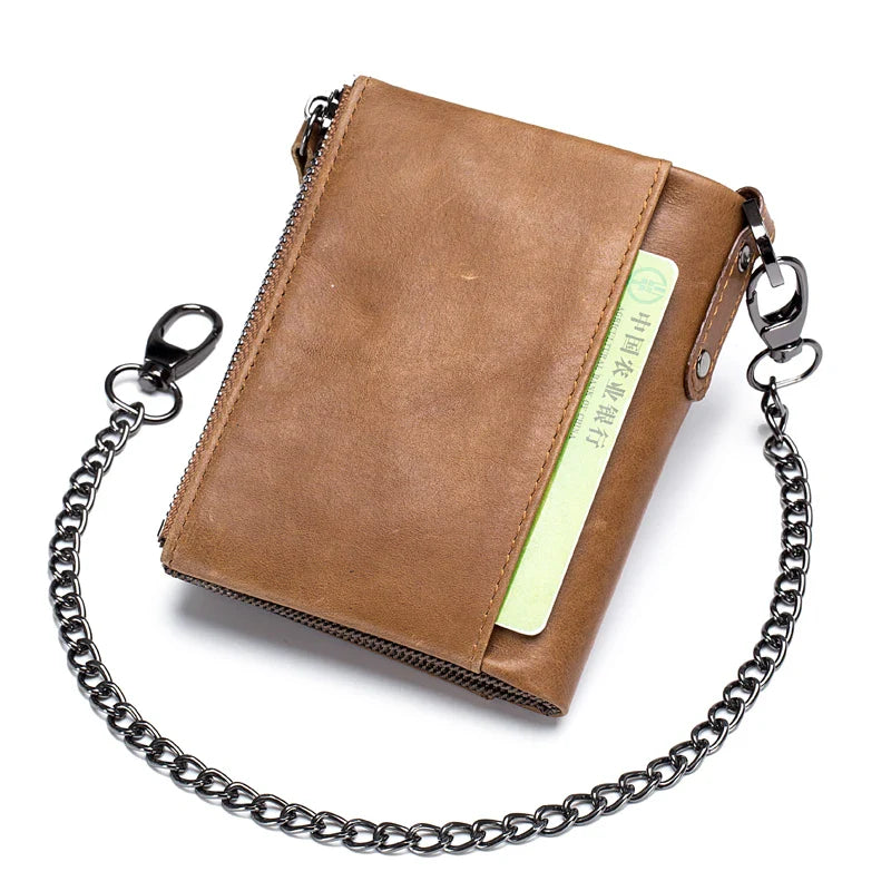 Premium genuine leather men's tri-fold wallet with vintage-inspired zipper closure and classic colour options