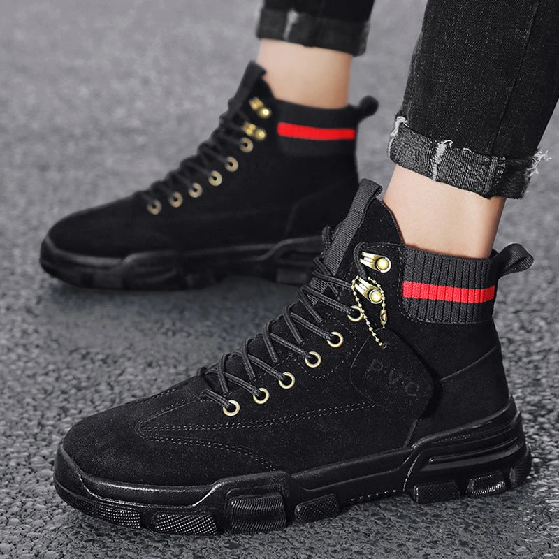 Premium high-top leather work boots in black, featuring a durable rubber sole and front-tie design for a secure and comfortable fit.