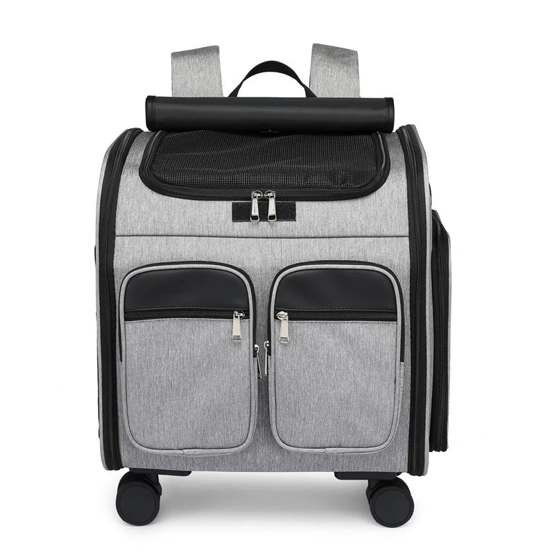 Convenient pet carrier trolley in blue colour, designed with a folding mechanism for easy transport and storage
