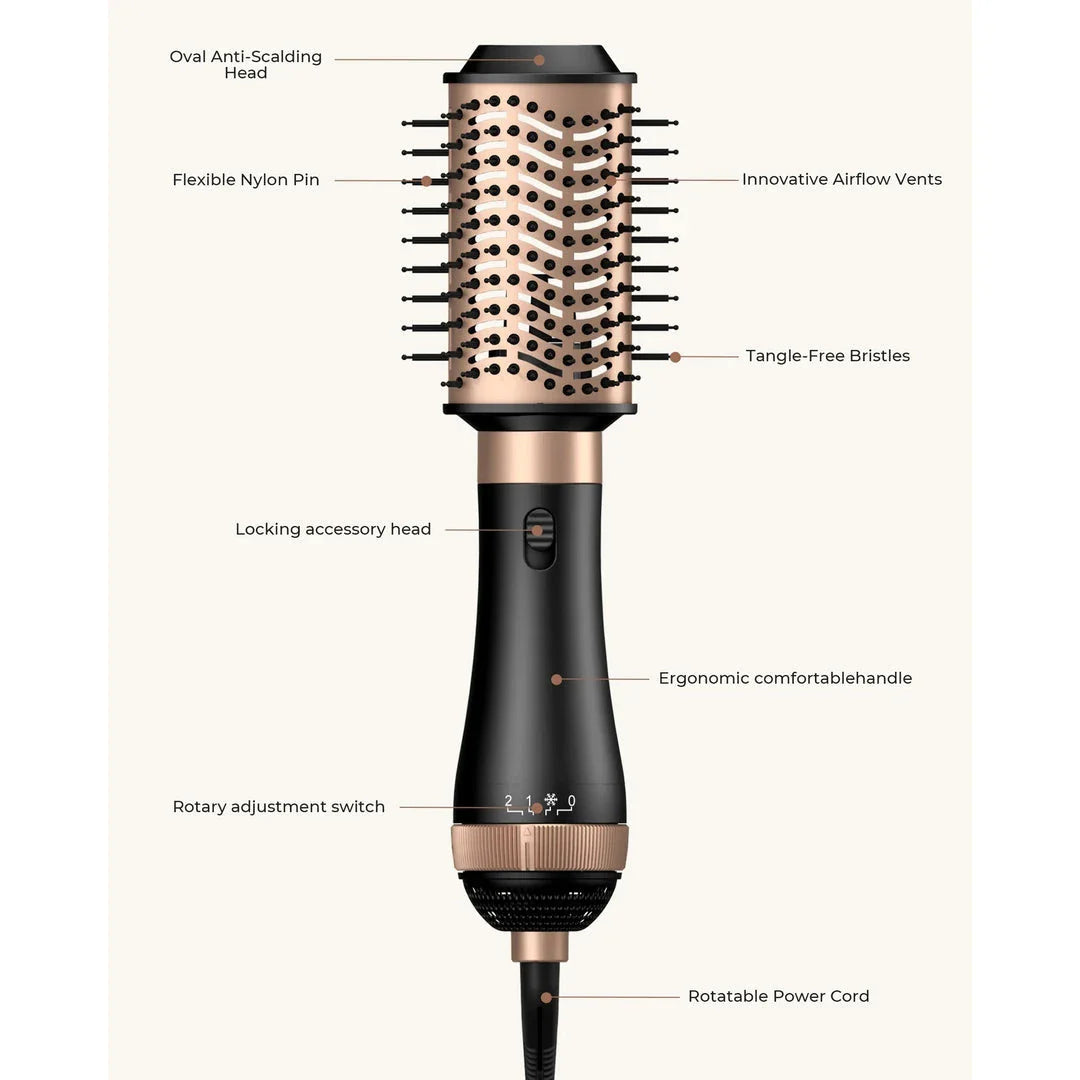 Professional 4-in-1 Hair Styling Brush with detachable attachments and negative ion technology for smooth, frizz-free results