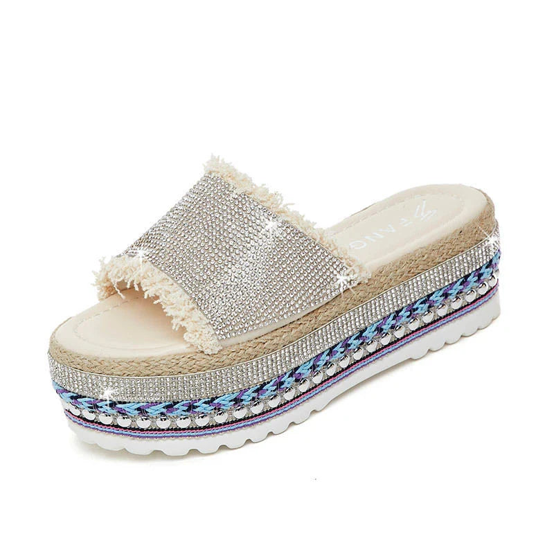 Stylish sponge cake elevated women's slippers in beige, black, and yellow colours