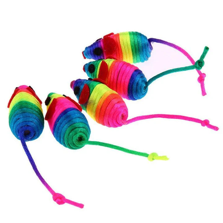 Colourful toy mouse set with 5 plush mice in various bright colours for cat playtime