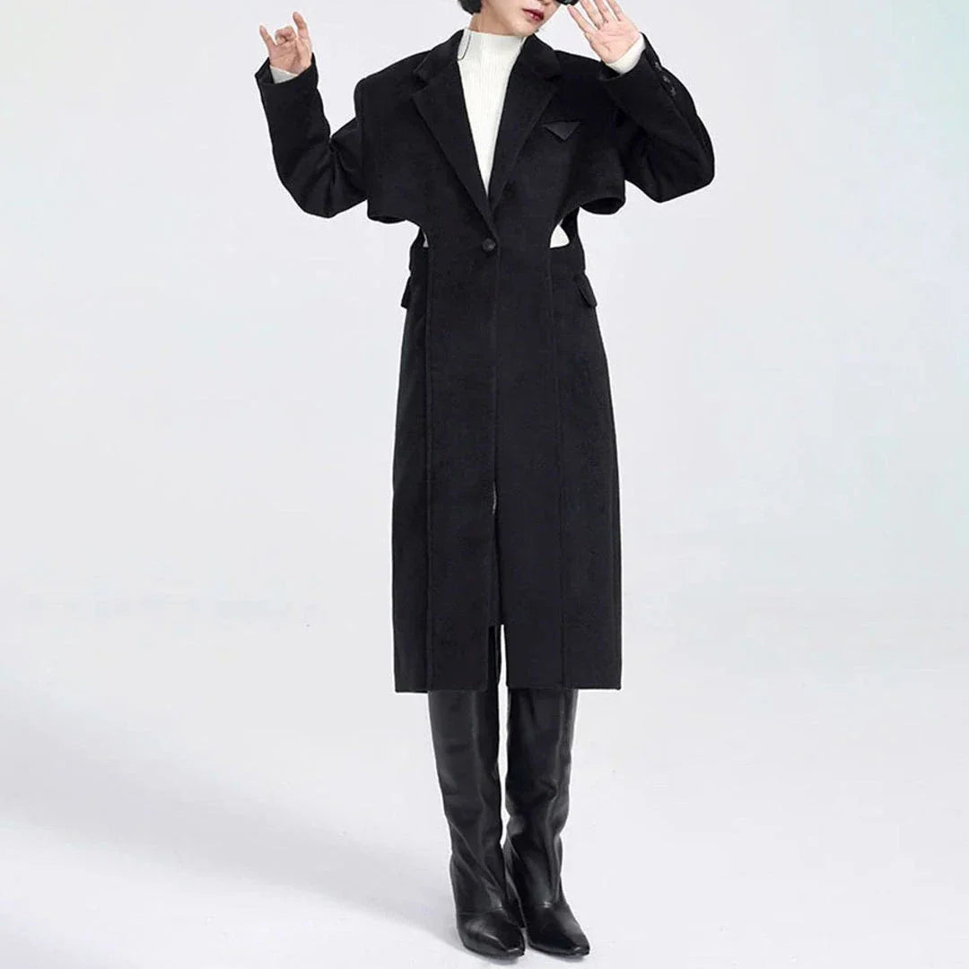 Elegant autumn-winter woollen overcoat with waist cut-out design, turn-down collar, and single-button closure