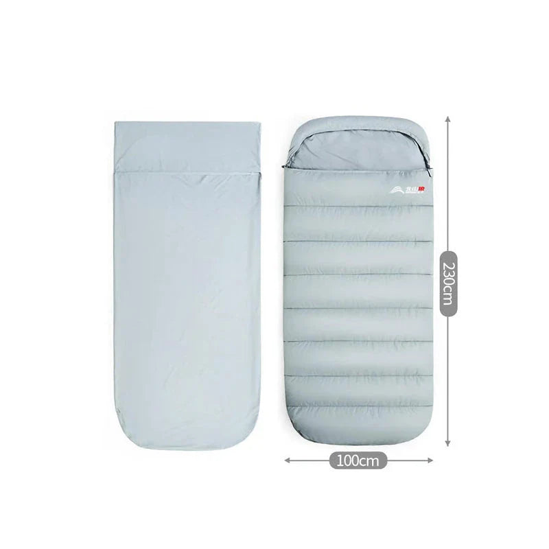 Premium 3-season sleeping bag with spacious design, warm yet breathable fabric, and removable liner for easy cleaning