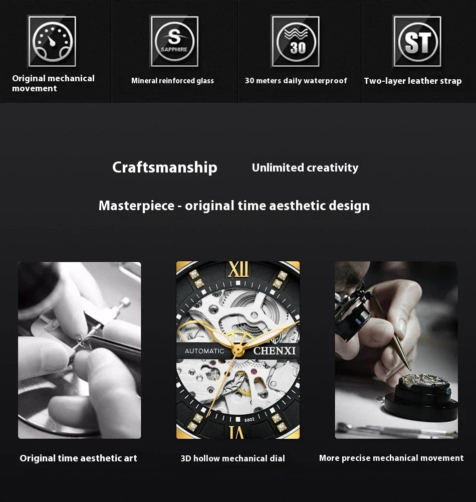 Premium automatic mechanical watch with a waterproof leather strap, featuring a sophisticated and versatile design.