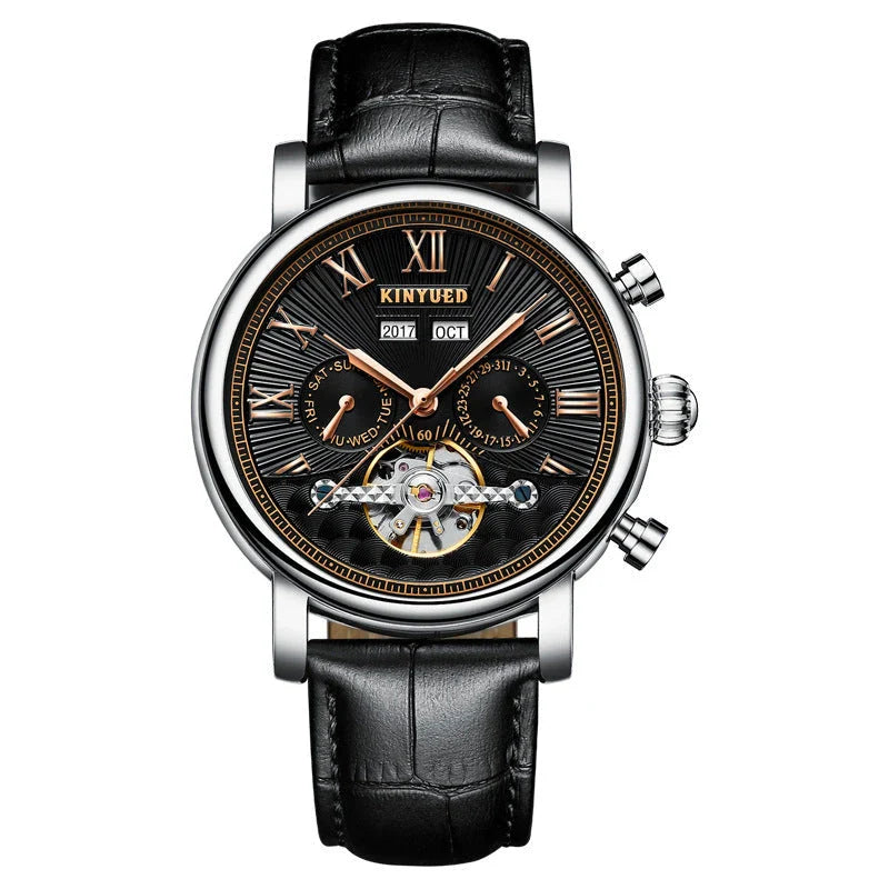 Automatic mechanical watch with genuine leather strap, featuring a stylish hollow-out dial design