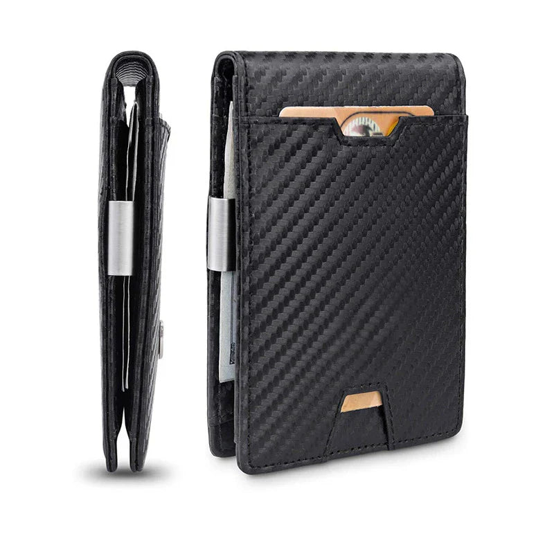 Premium British leather wallet with carbon fibre accents, featuring multiple card slots for organised storage of essentials