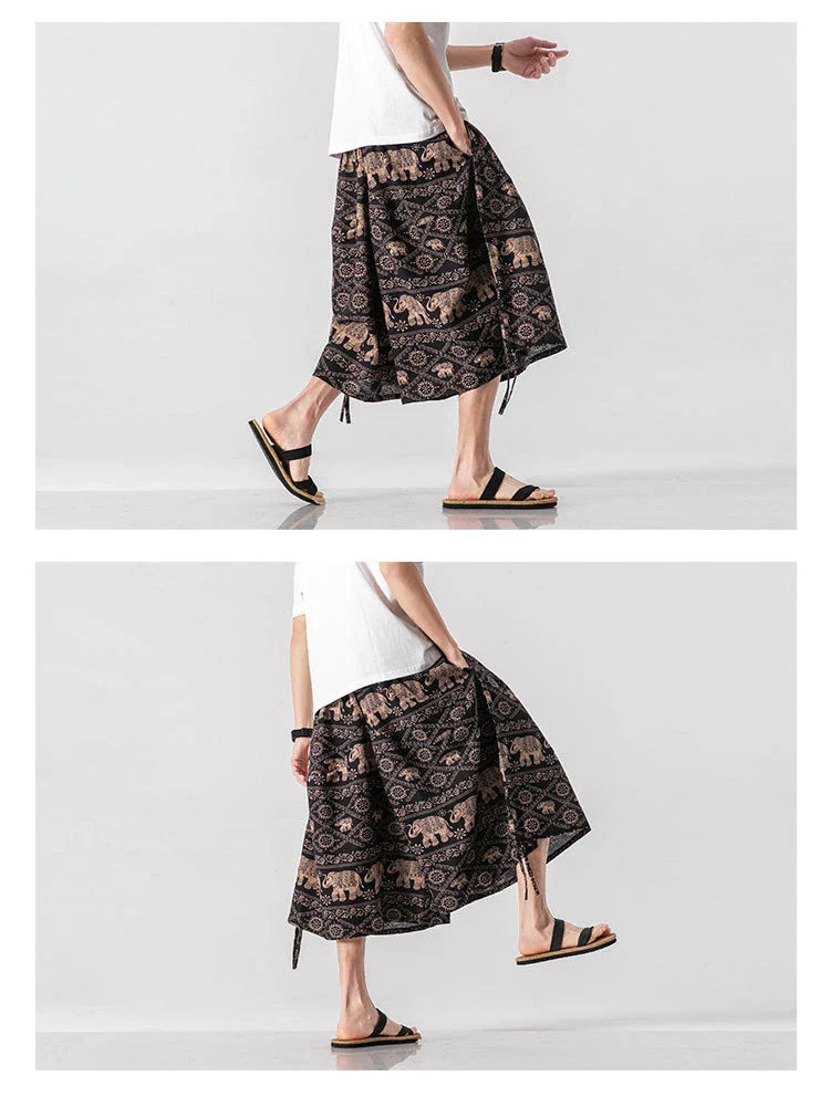 Men's loose-fitting Chinese-inspired cropped pants with a dragon or elephant floral pattern in navy blue, red, or coffee colours