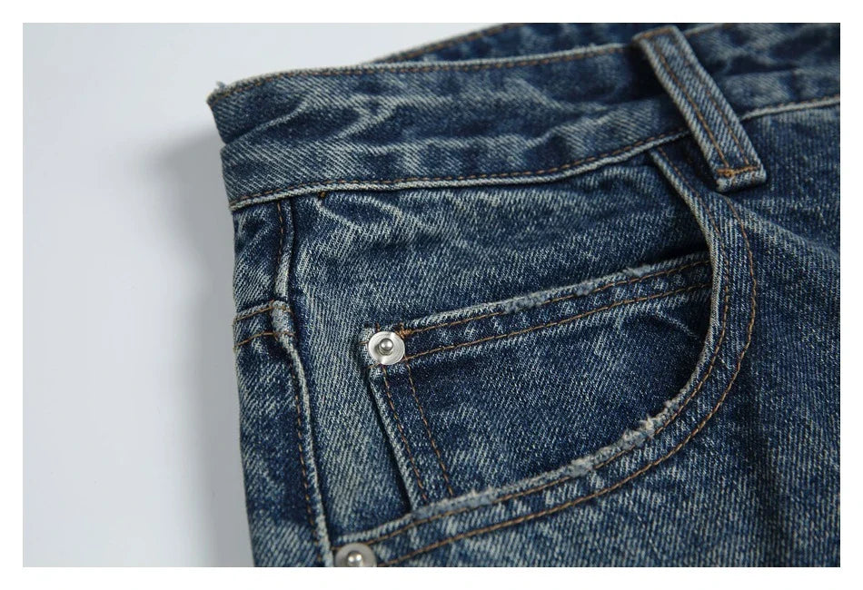 Autumn New Retro Loose Jeans in dark blue colour with straight-leg silhouette and premium cotton fabric