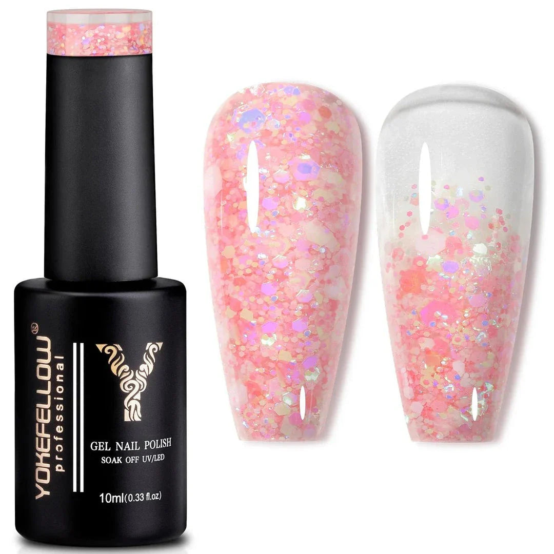 Sparkling pink gel nail polish with glitter sequins for a dazzling manicure