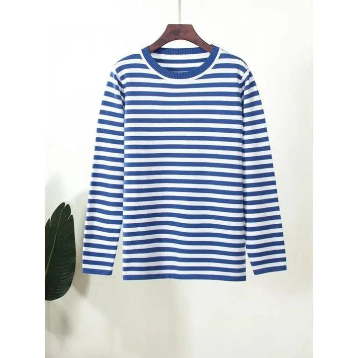 Autumnal knitted stripe jumper in a casual, relaxed style suitable for women during the autumn and winter seasons