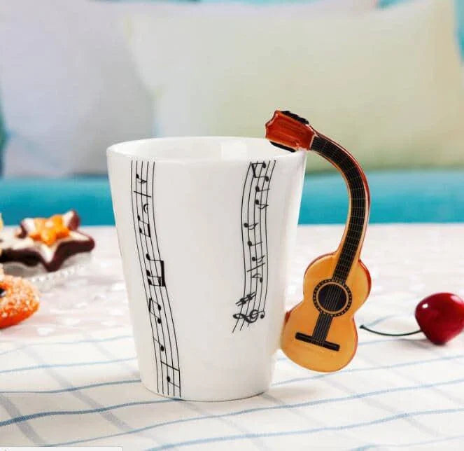 Premium eco-friendly ceramic mug with unique musical instrument-themed designs, a charming and sustainable addition to any kitchen.