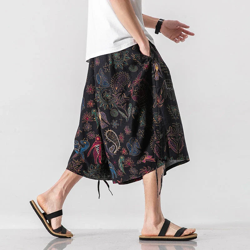 Men's loose-fitting Chinese-inspired cropped pants with a dragon or elephant floral pattern in navy blue, red, or coffee colours
