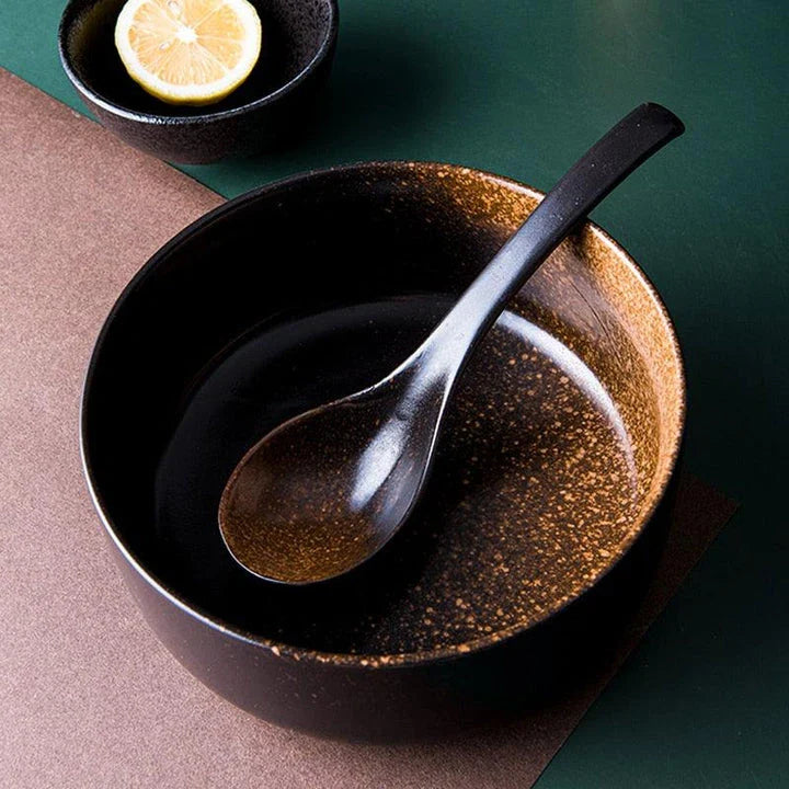 Premium Japanese-style ceramic ramen bowl with matching spoon, designed for an authentic ramen dining experience