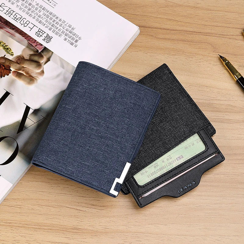 Personalized youth creative card bag wallet in denim material with two-fold design and multiple storage compartments