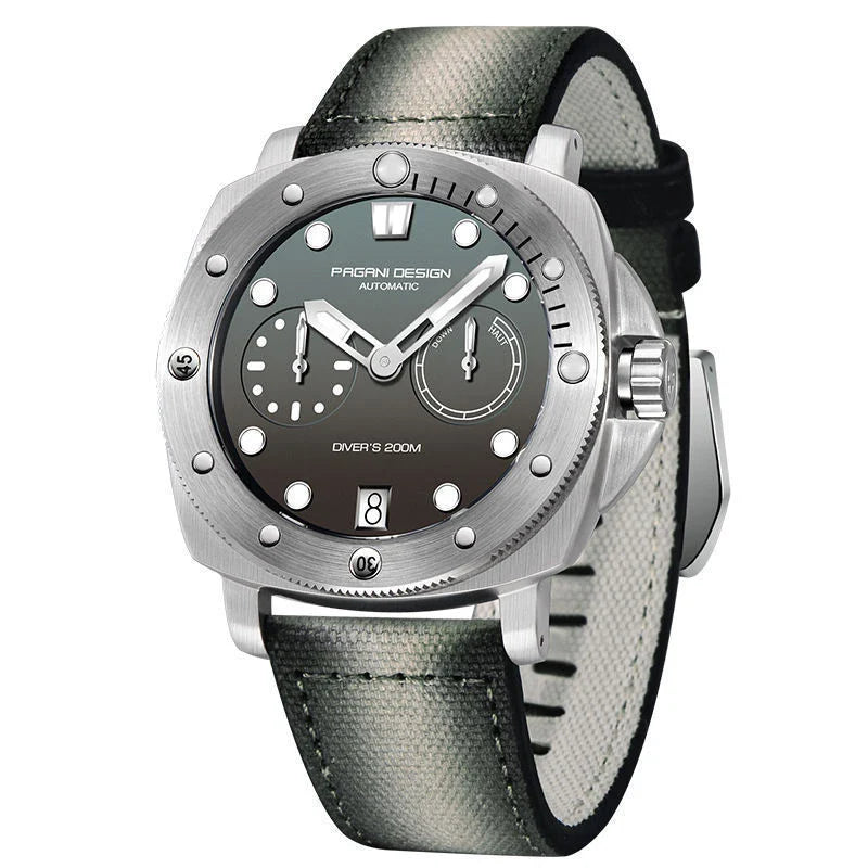 Sophisticated waterproof automatic mechanical watch with stainless steel case and textile strap, available in black, grey, green, and blue colour options