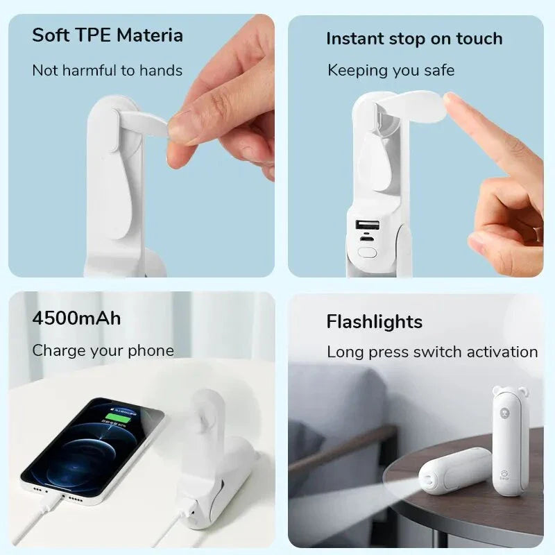 Portable Mini Handheld Fan with 4500mAh battery, 3 speed settings, power bank, and flashlight
