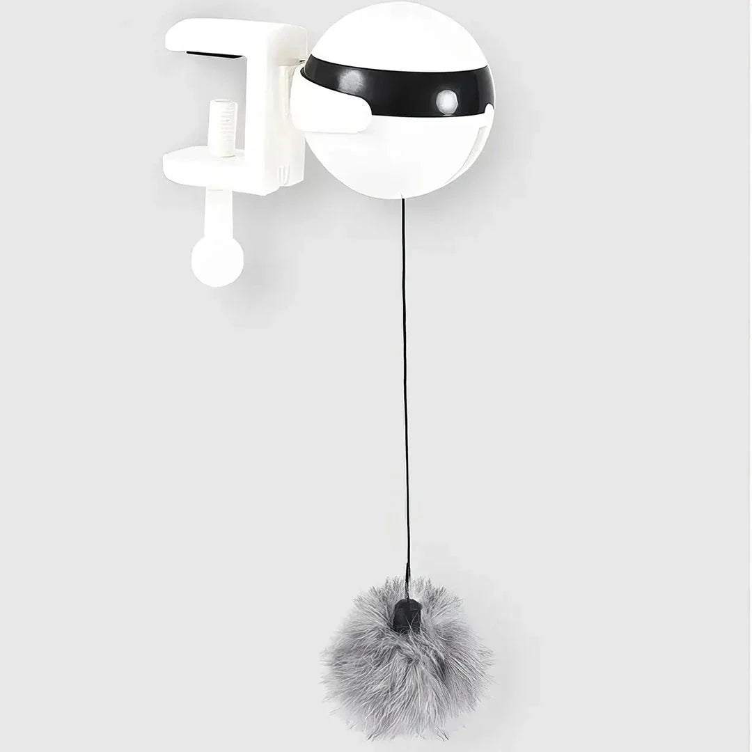 Electric automatic lifting cat ball toy in grey, white, and black colours, designed to captivate and entertain cats with its engaging puzzle features.