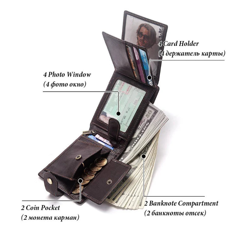 Premium British cowhide leather wallet with multi-card design and anti-magnetic protection