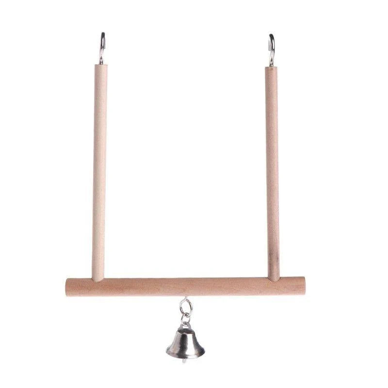 A natural wooden swing with a bell, designed as a perch and toy for parrots to enjoy in their cage or aviary.