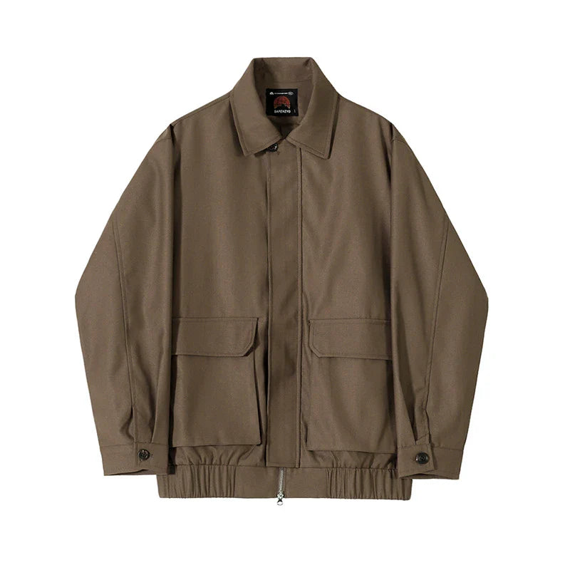 Premium retro-inspired polo collar jacket for men, featuring a relaxed fit, durable polyester construction, and timeless brown colour
