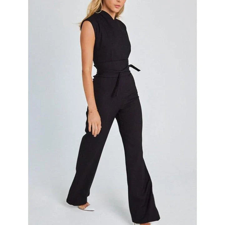 Elegant V-Neck Sleeveless Wide-Leg Jumpsuit in Khaki, a premium British fashion piece with a sophisticated design and versatile style.