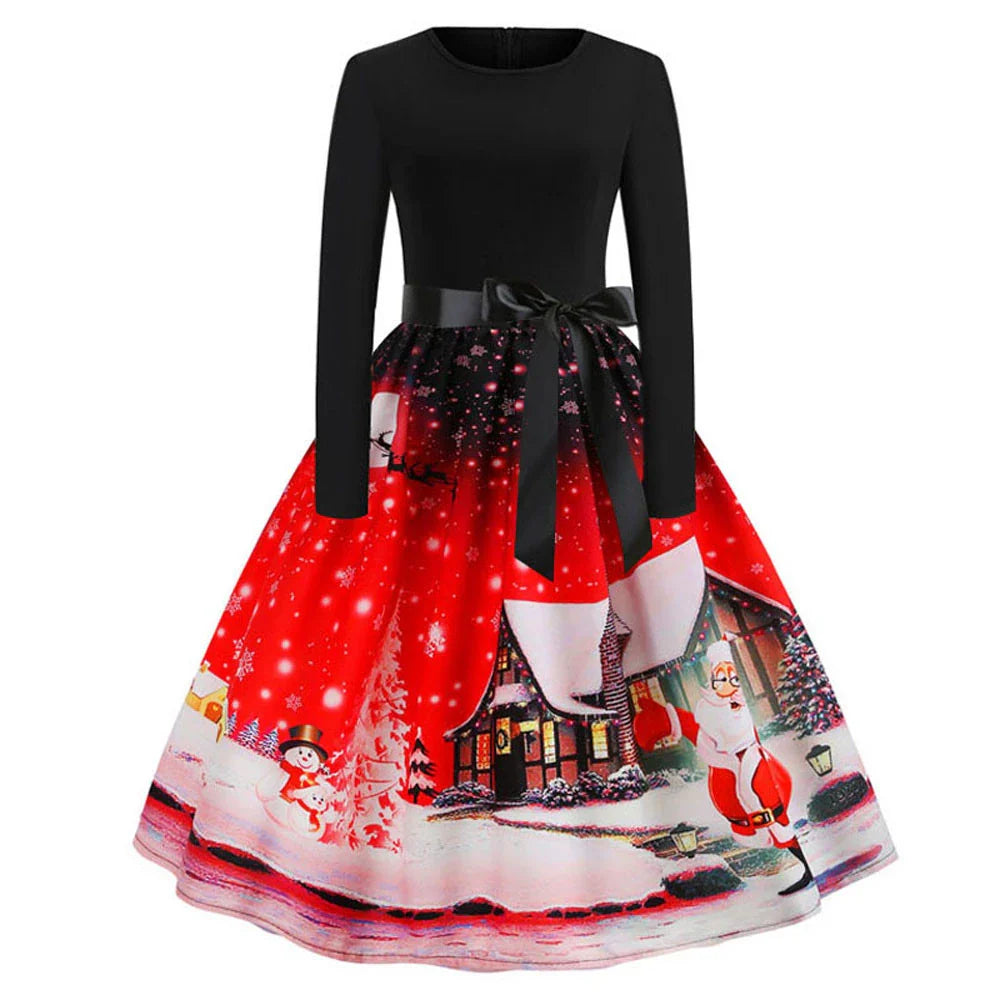 A festive, vintage-inspired Christmas dress with a vibrant retro print, flowing swing skirt, and long sleeves for a timeless, feminine look.