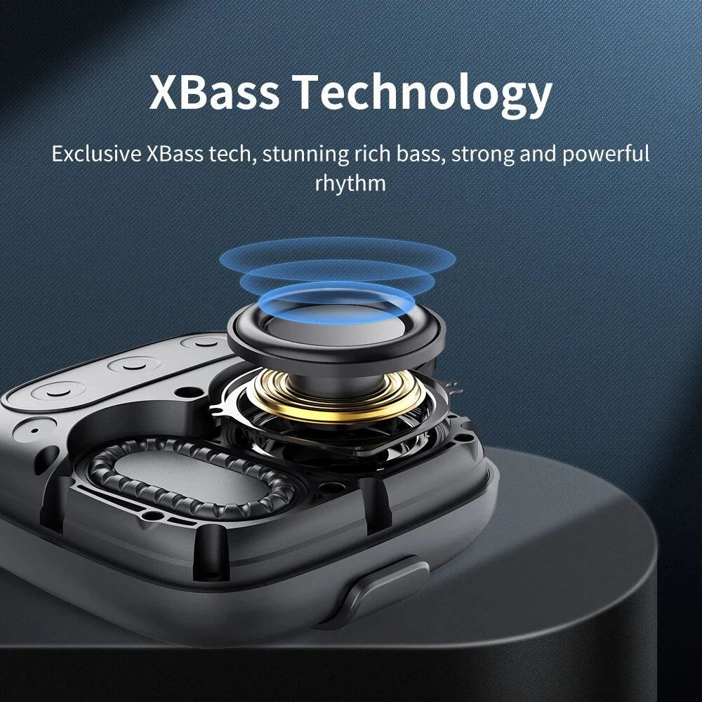 Rugged portable Bluetooth speaker with deep bass, waterproof design, and built-in power bank