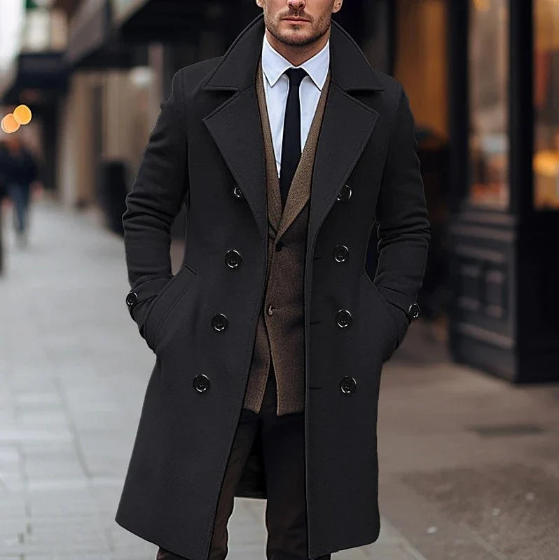 Premium double-breasted woollen men's coat in dark grey, perfect for British winters