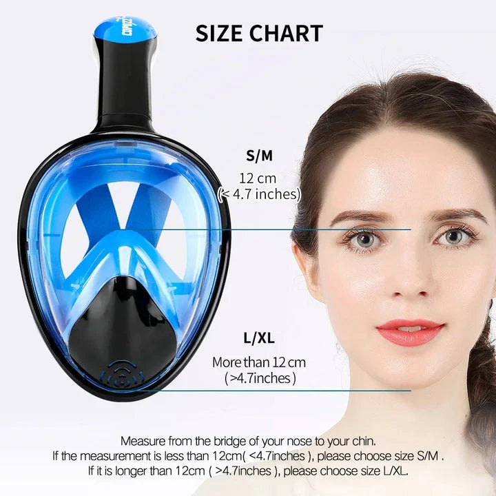 Premium full face anti-fog snorkel mask with wide 180-degree viewing and adjustable camera mount