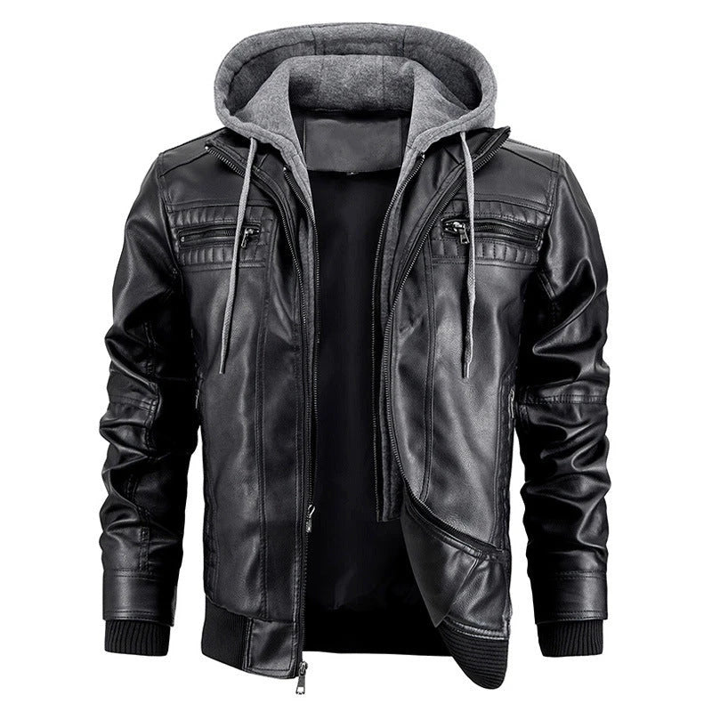 A stylish hooded PU jacket in black, designed for warm winter wear with practical features and a tailored fit.