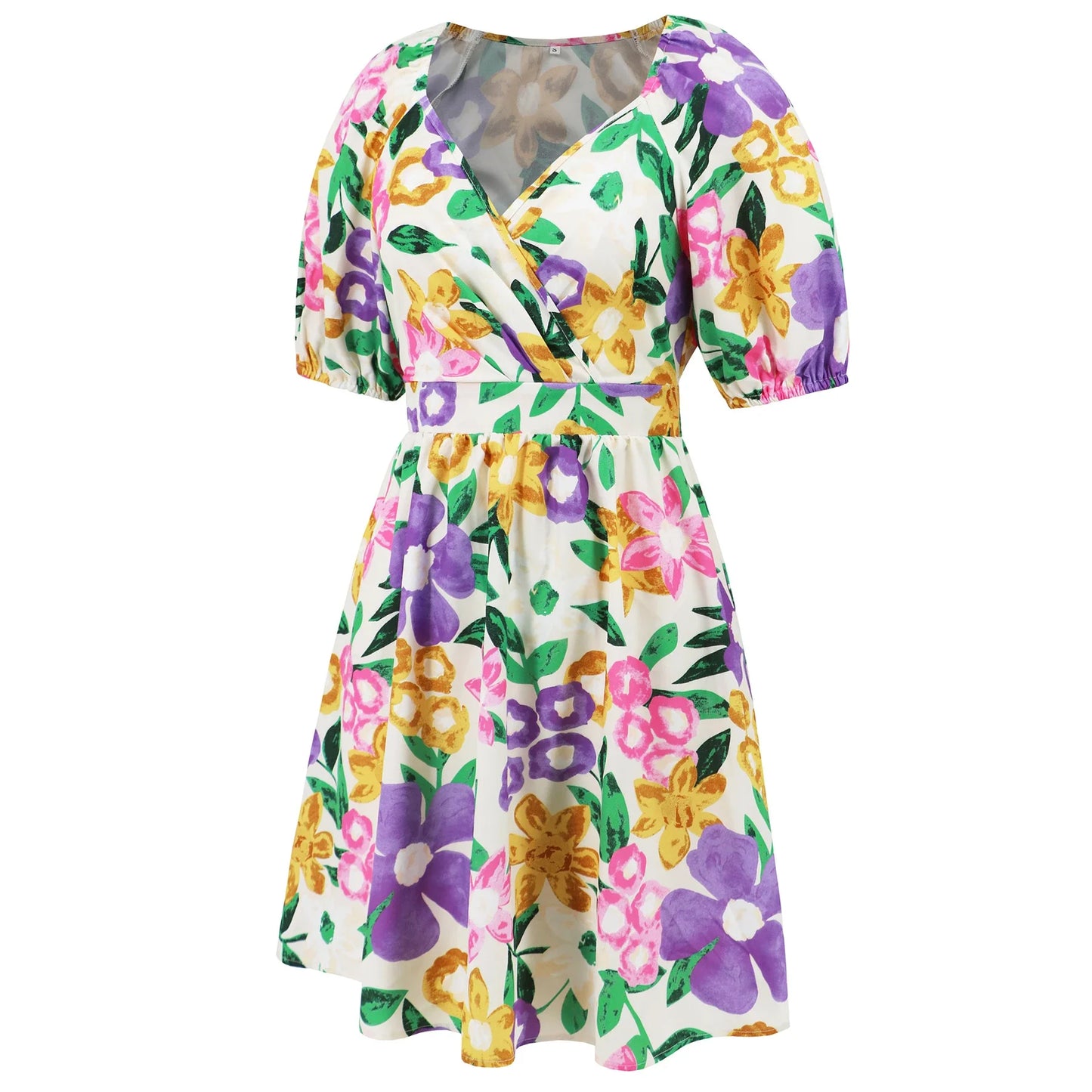 Stylish lantern-sleeve v-neck beach dress in vibrant summer colours, featuring a flattering fit and comfortable stretch fabric