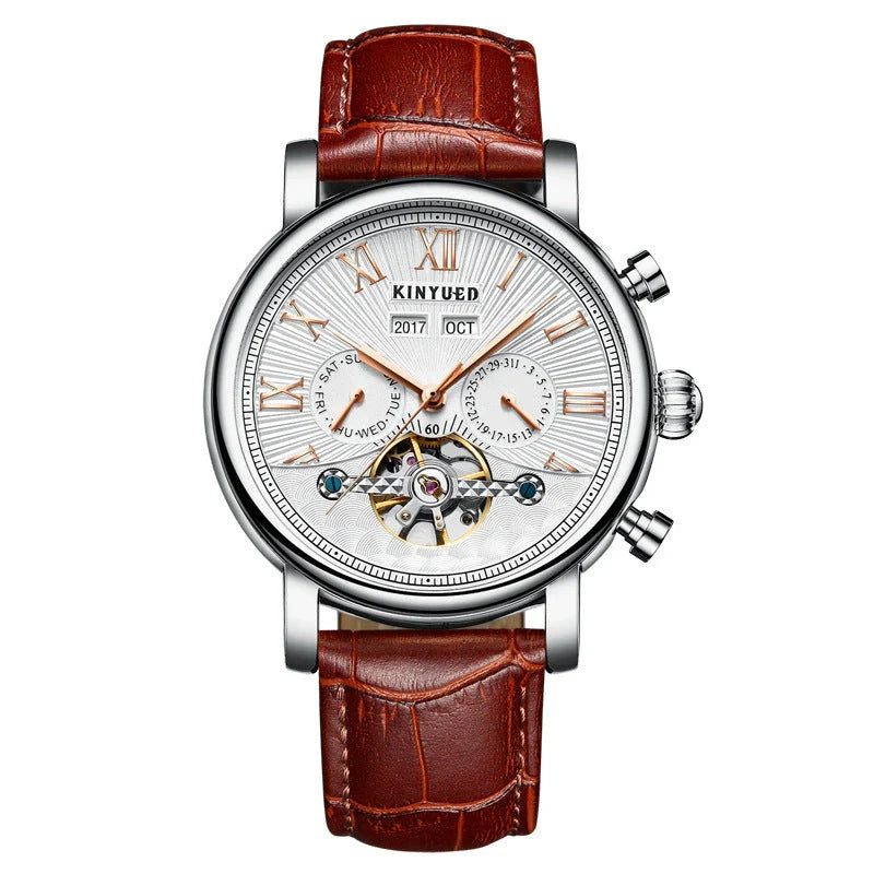 Automatic mechanical watch with genuine leather strap, featuring a stylish hollow-out dial design